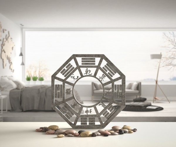 White table shelf with bagua and pebble stone, white scandinavian bedroom with big panoramic window, zen concept interior design, feng shui template idea background, 3d illustration